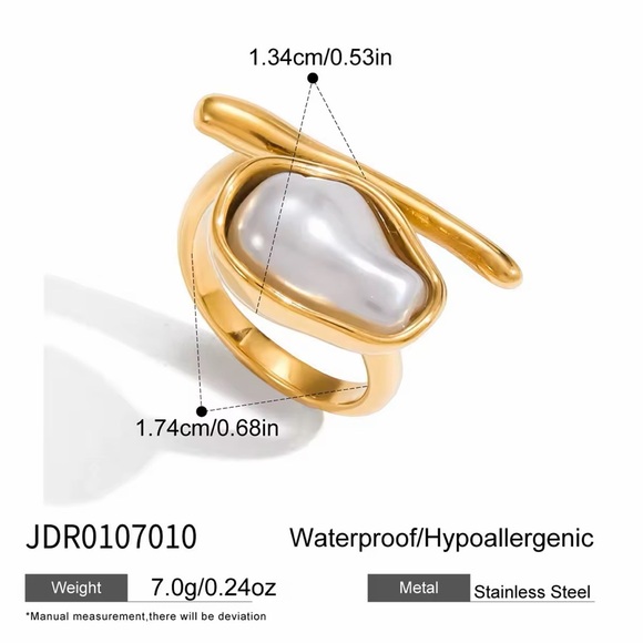 18K Gold Plated Chunky Pearl Ring - Picture 7 of 8
